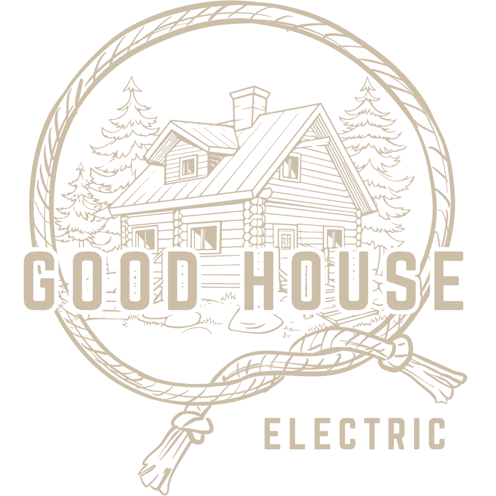 Good House Electric Logo showing a cabin with pine trees surrounded by a lasso with the words GOOD HOUSE over that and ELECTRIC underneath it, the entire logo is tan